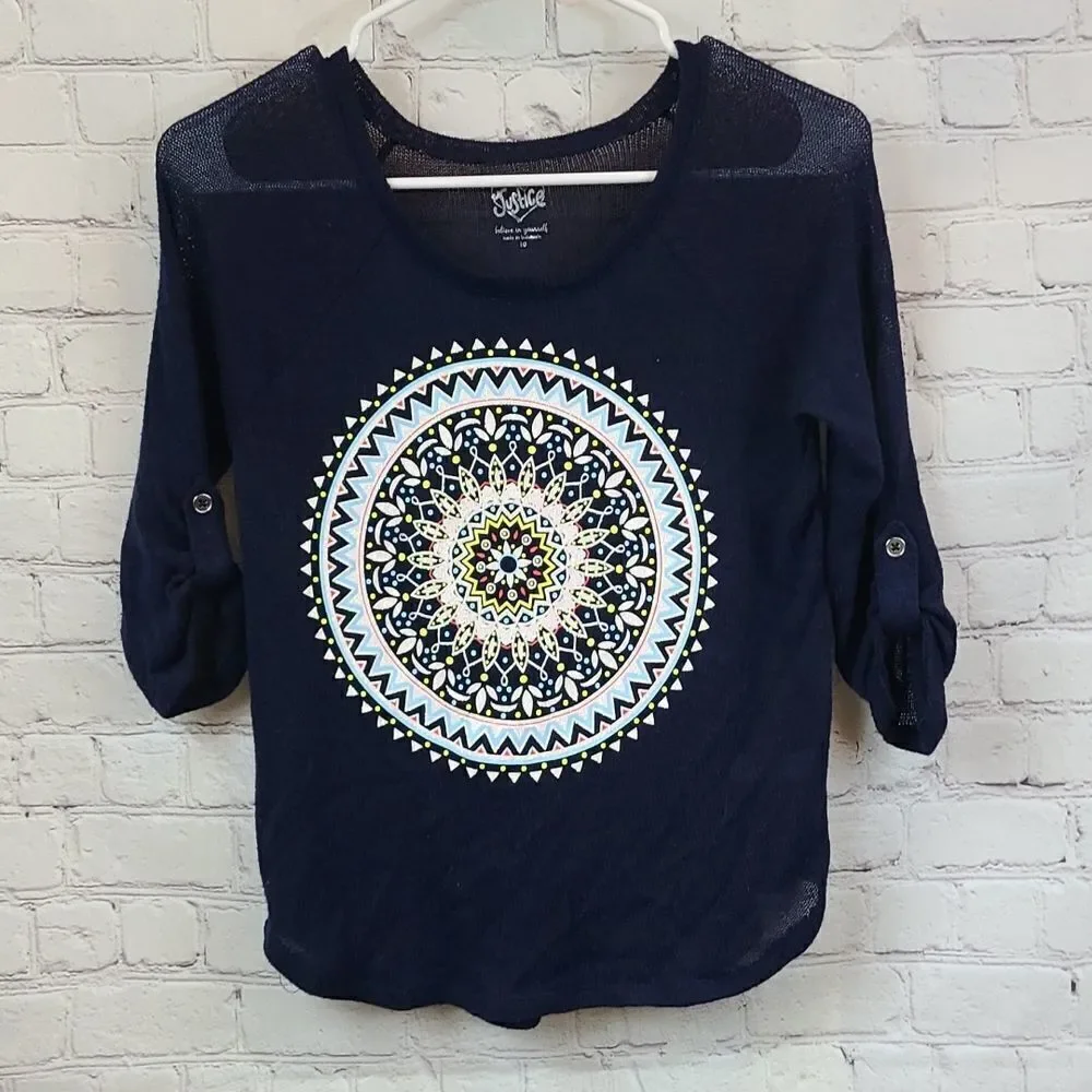 Justice Navy Blue Spring Lightweight Sweater Glitter Medallion Tab Sleeves Sz 10